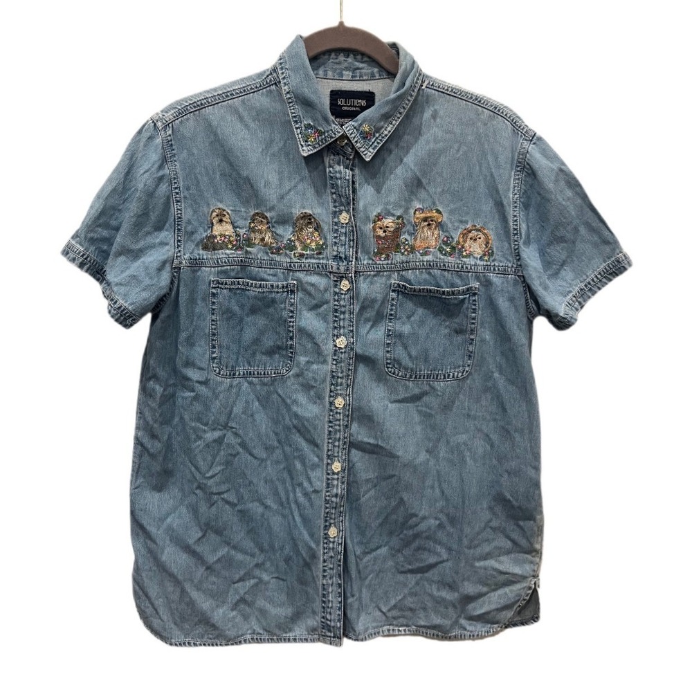 Solutions Original Denim Shirt Womens Medium Blue Embroidered Dogs Short Sleeve